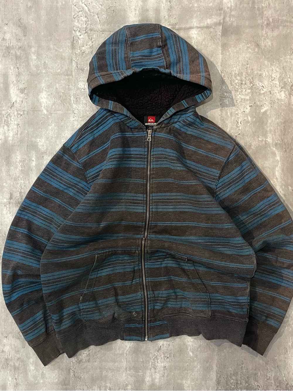 Quiksilver zip up hoodie striped blue brown sherpa lined mens Large